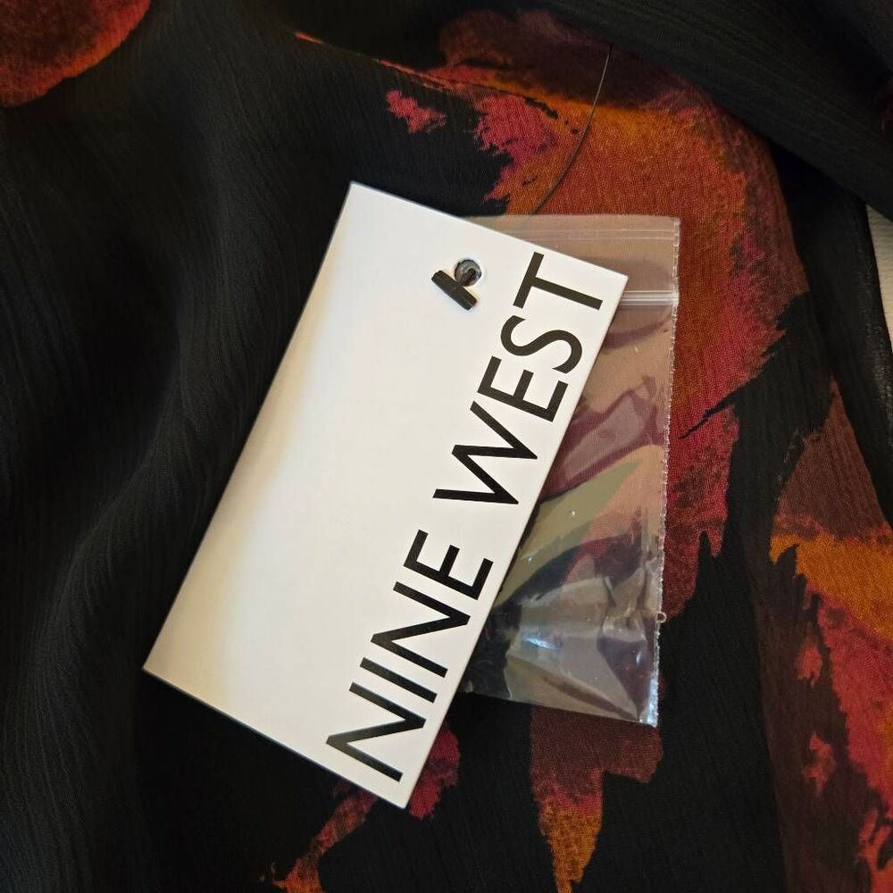 NEW Nine West Womens Black Red Floral Georgette Fabric Shirt Dress Small - Picture 5 of 12